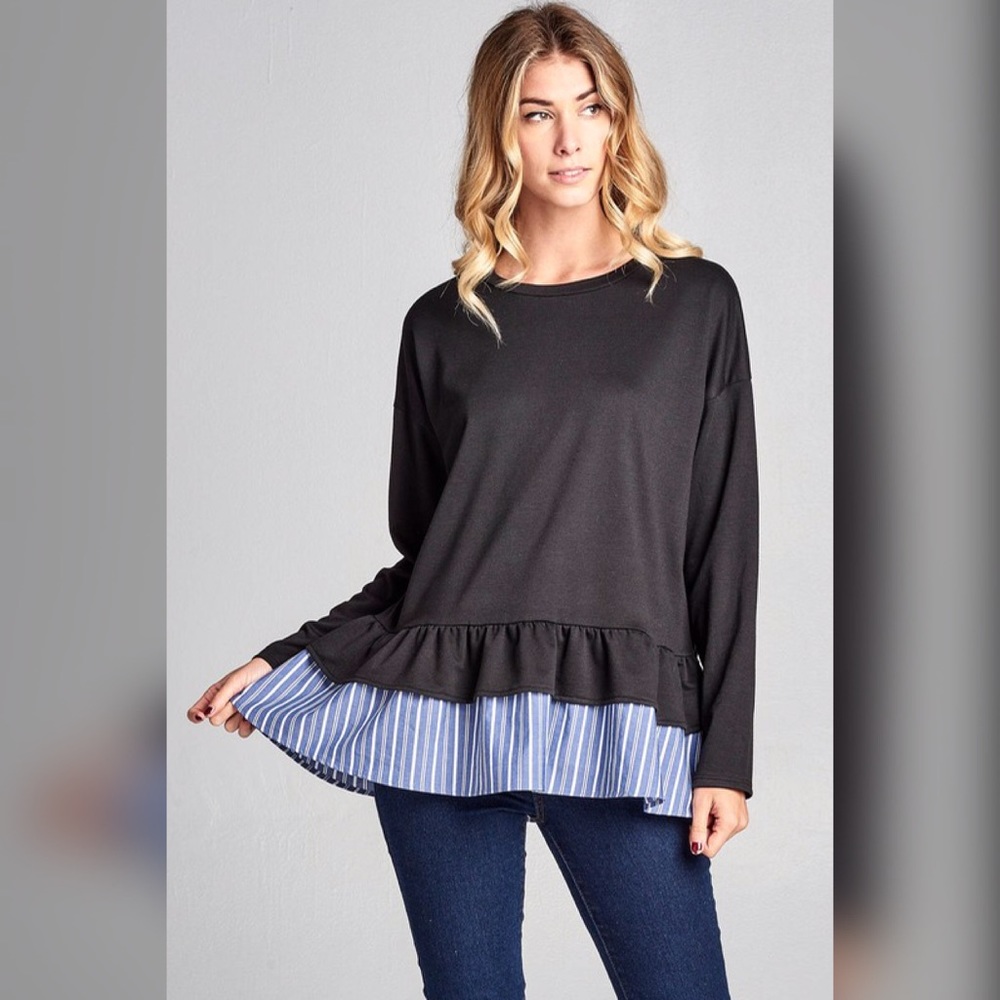 ❤️ SALE! Black Tunic with Ruffle Striped Hem! - Picture 4 of 4